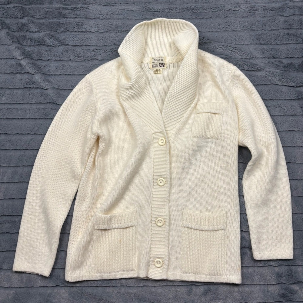 Vintage Sears Shawl Collar Cardigan Sweater Mens Medium Cream White Knit 9580